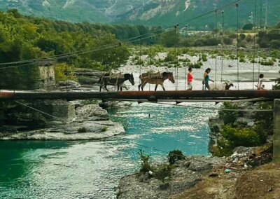 ezels en gieten lopen over brug
